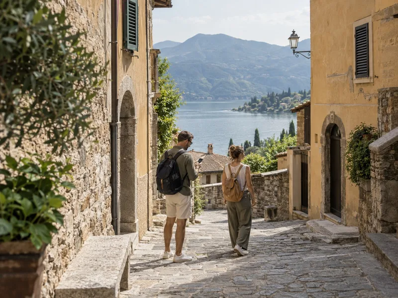 Due visitatori esplorano a piedi un borgo del Nord Italia affacciato sul lago.