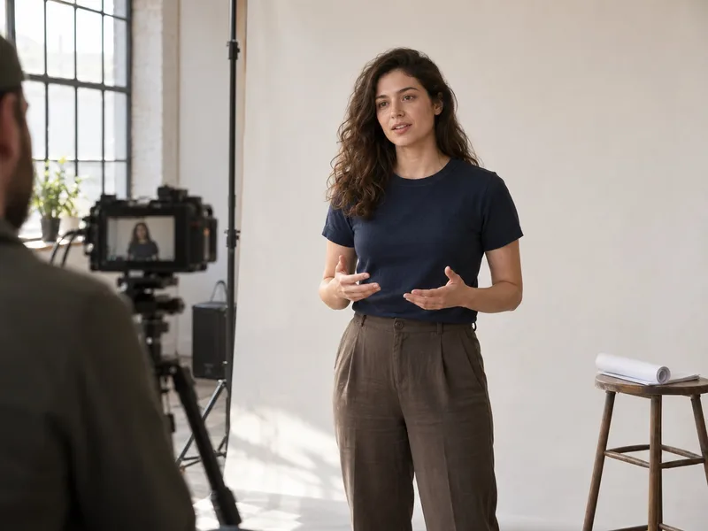 Un’attrice partecipa a un provino davanti alla videocamera in uno studio luminoso.