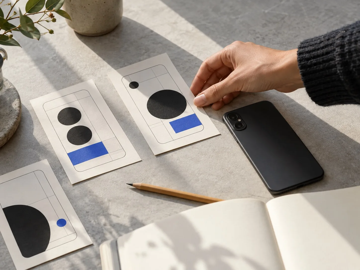 Un designer compone studi grafici per la personalizzazione di uno smartphone.