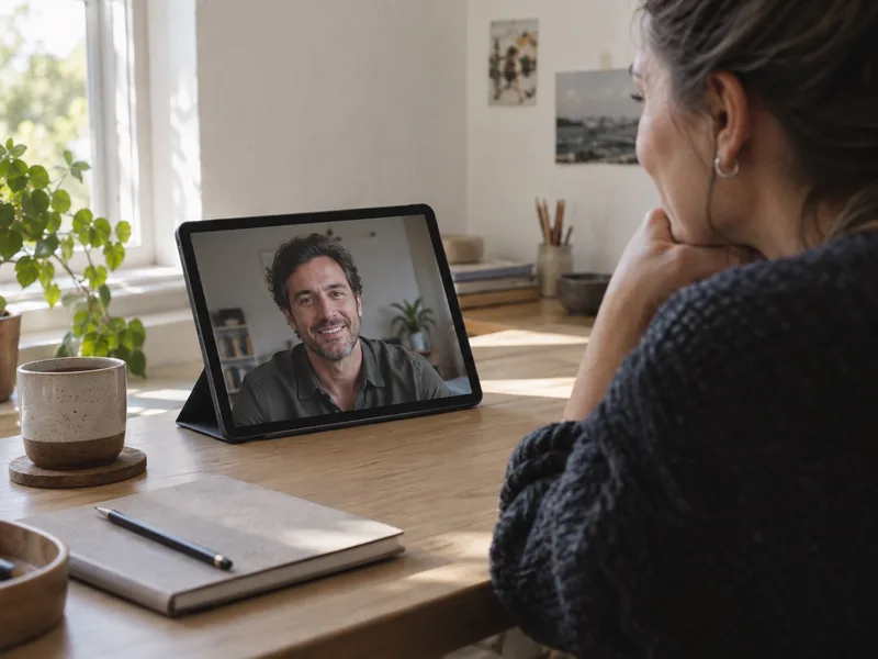 Una persona partecipa a una videochiamata dalla propria postazione di lavoro.