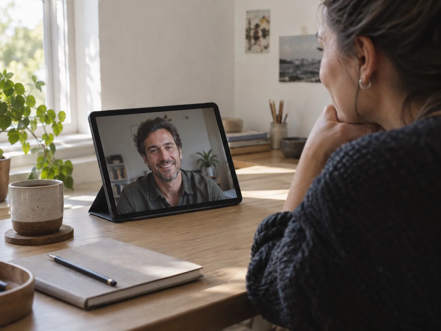 Una persona partecipa a una videochiamata dalla propria postazione di lavoro.