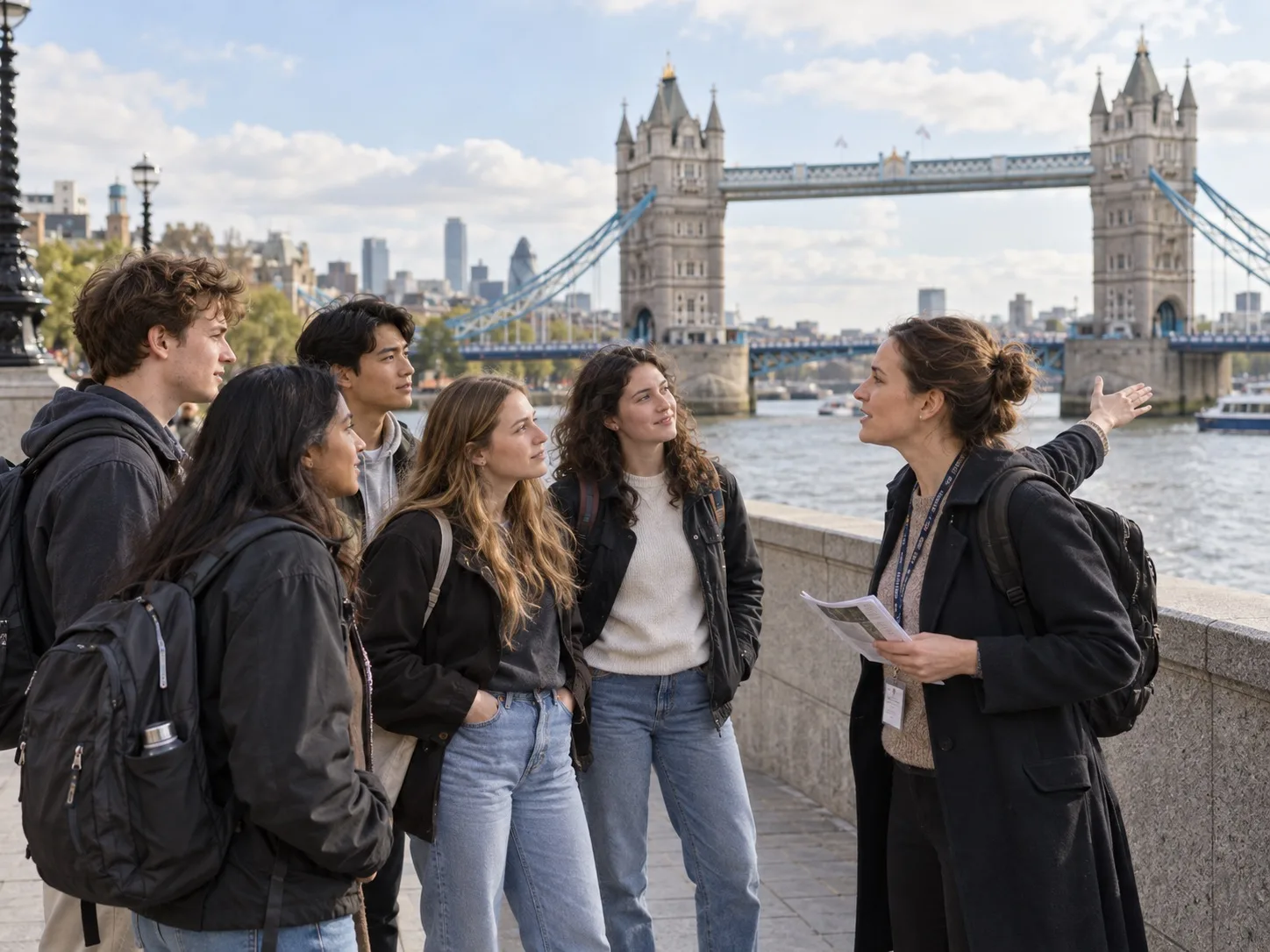 Studenti in viaggio visitano un’attrazione turistica insieme al loro accompagnatore.