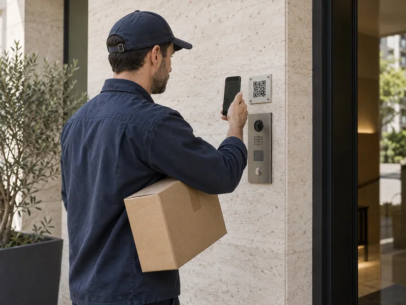 Un fattorino con un pacco usa lo smartphone davanti al codice QR del citofono.
